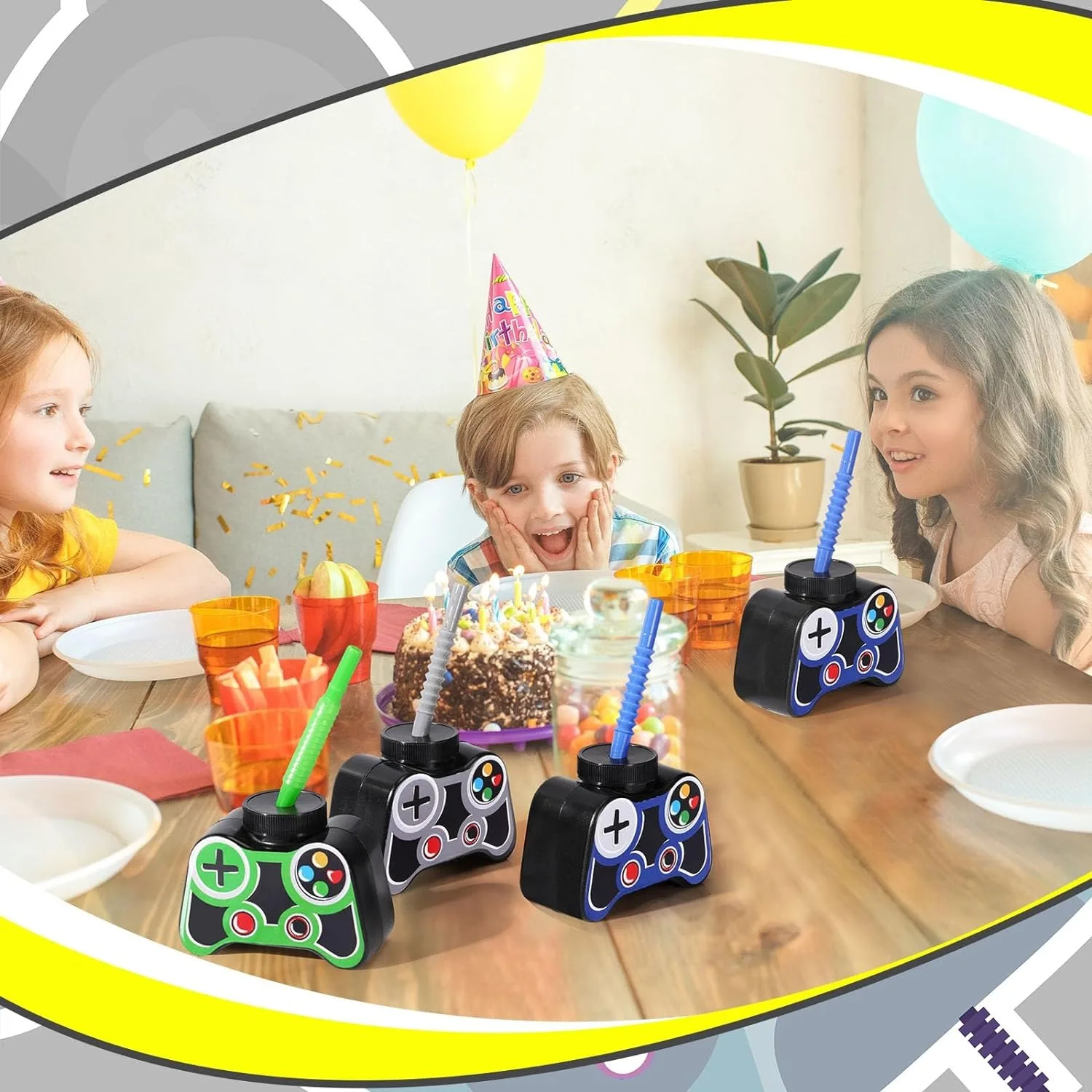 12 Pcs Plastic Video Gaming Party Favor Gift Supplies Cups with Straw,10oz Gamer Birthday Party Video Game Shape Cups-Gray