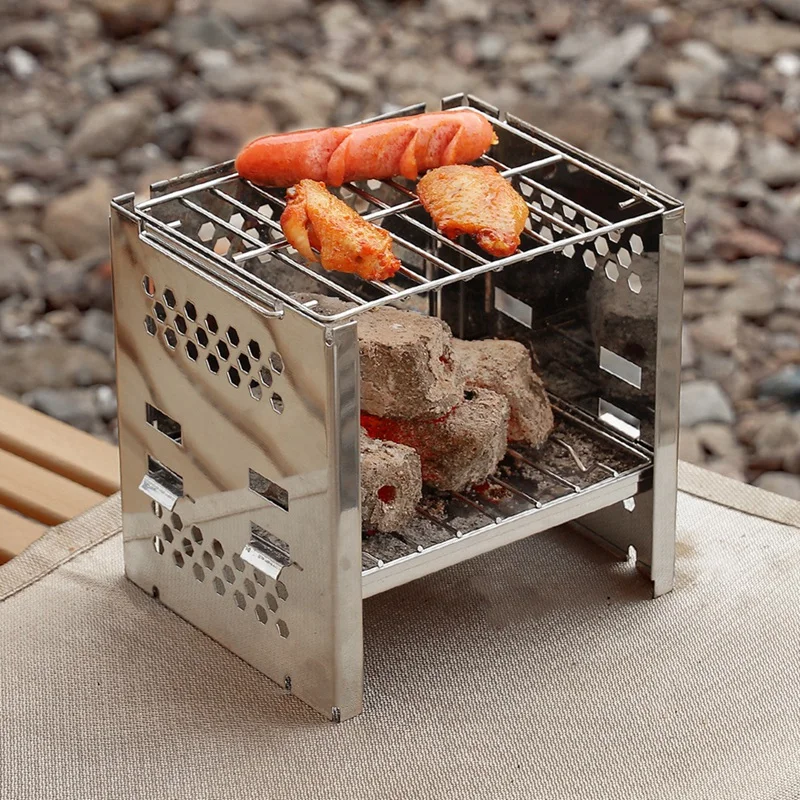 Outdoor BBQ Stainless Steel Double Wood Fire Stove Folding Mini Camping Barbecue Charcoal Stove BBQ Picnic Stove