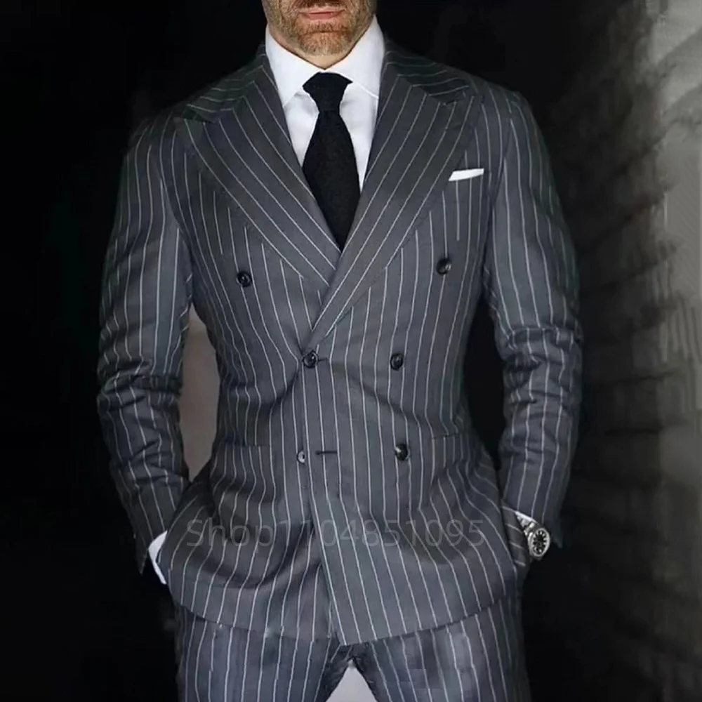 2 Piece Gray/Navy Blue Striepd Men Suits Set High Quality Formal Double Breasted Peak Lapel Jacket Slim Fit Smart Casual Tuxedo