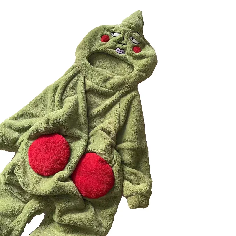 Winter Kigurumi Onesie Cute and Funny Green Cartoon Animal One-piece Pajamas Flannel Jumpsuit Fashion Women Couple Nightwear Men