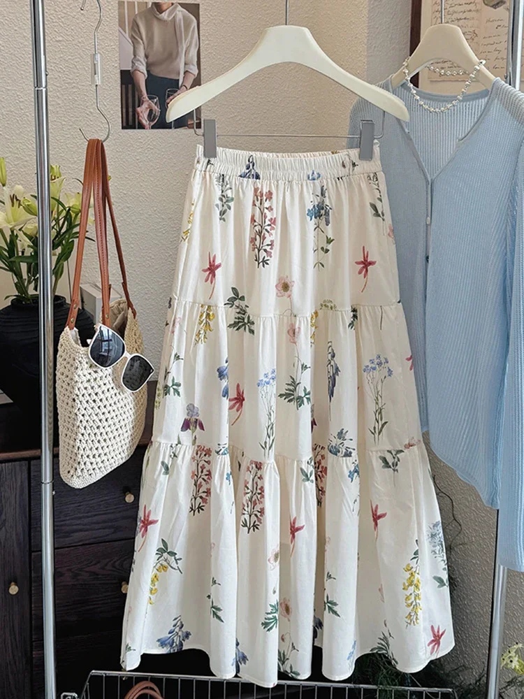 

Женские юбки с цветочным принтом, винтажные свободные юбки трапециевидной формы, новая летняя уличная одежда, длинные юбки с эластичной резинкой на талии, модные универсальные