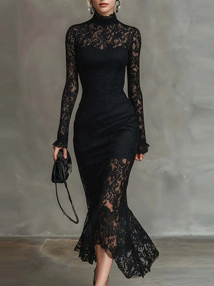 

Весеннее модное платье-русалка с воротником-стойкой 2026 года, женское элегантное кружевное платье с ажурным подолом, асимметричное, повседневное, с длинным рукавом, облегающее, длинное