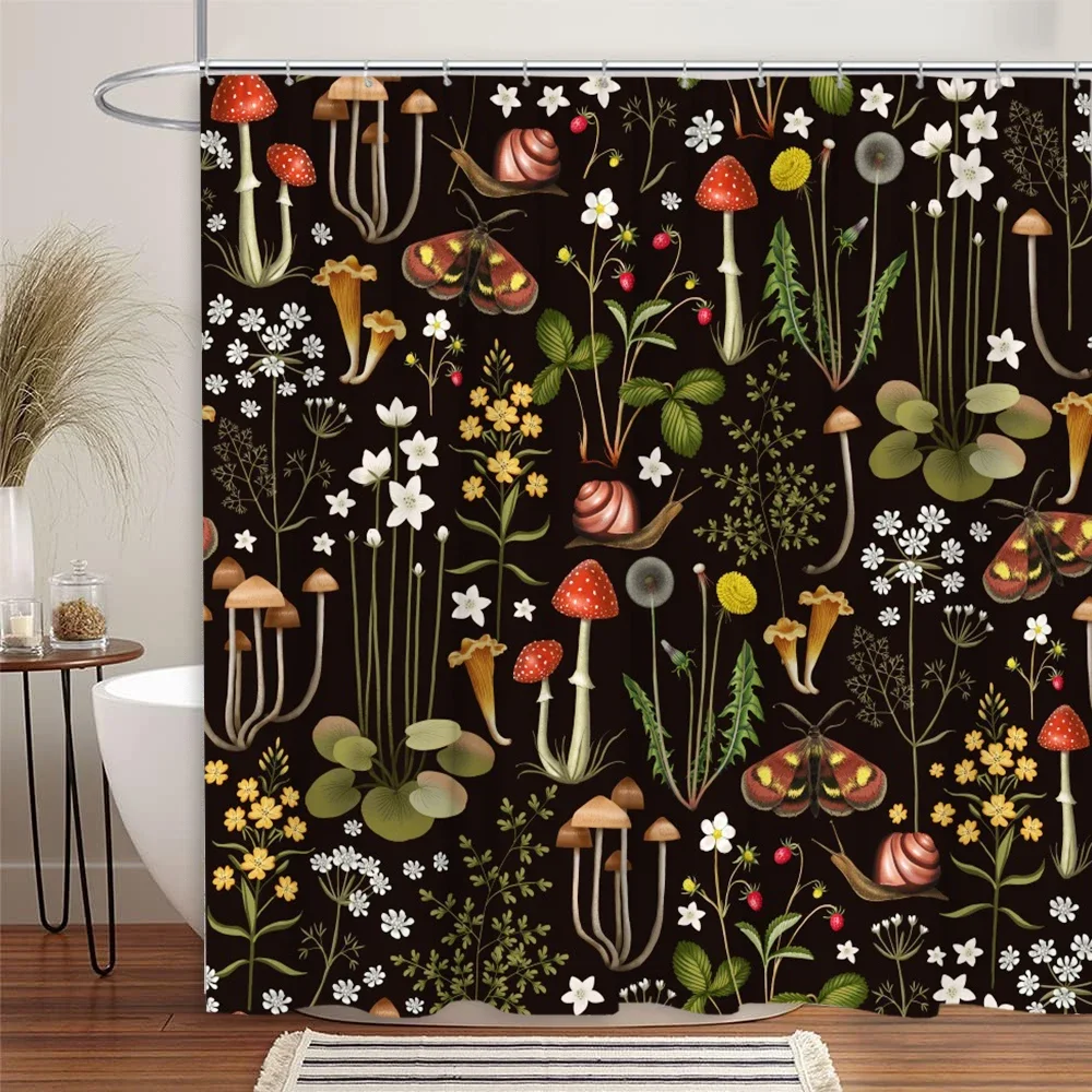 Vintage Mushroom Shower Curtain Bohemian Botanical Butterfly Wildlife Leaf Flower Polyester Fabric Bathroom Decor Curtains Set