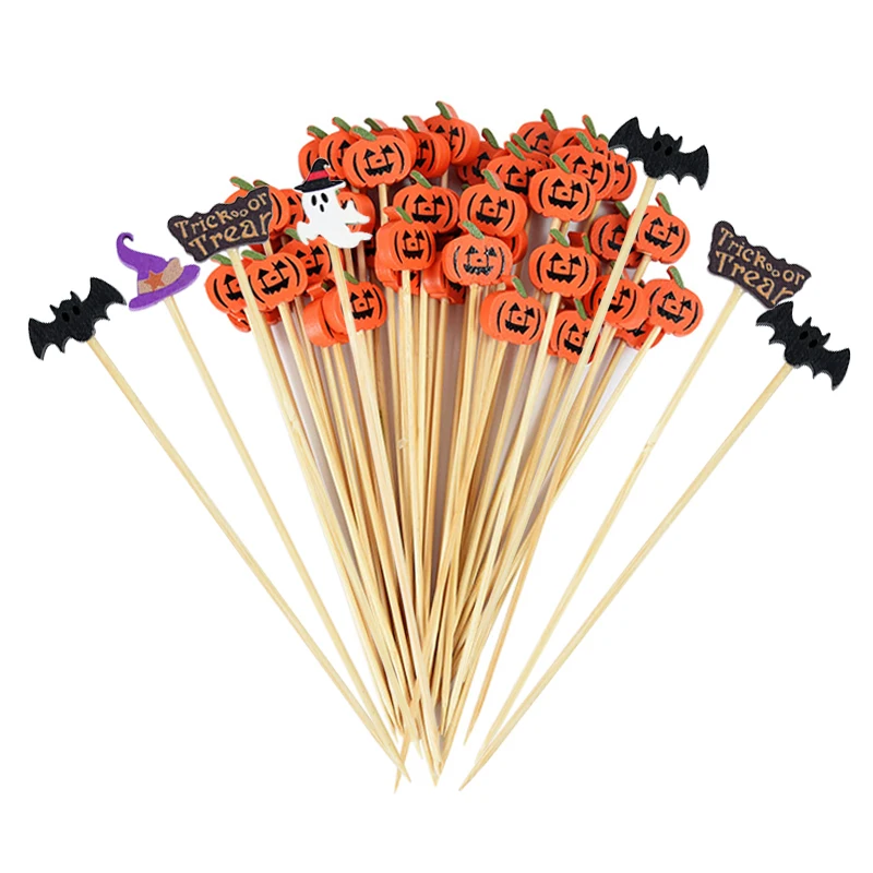 50Pcs Halloween Bamboo Food Fruit Picks Happy Halloween Party Disposable Dessert Cocktail Sticks Buffet Cupcake Toothpick Skewer