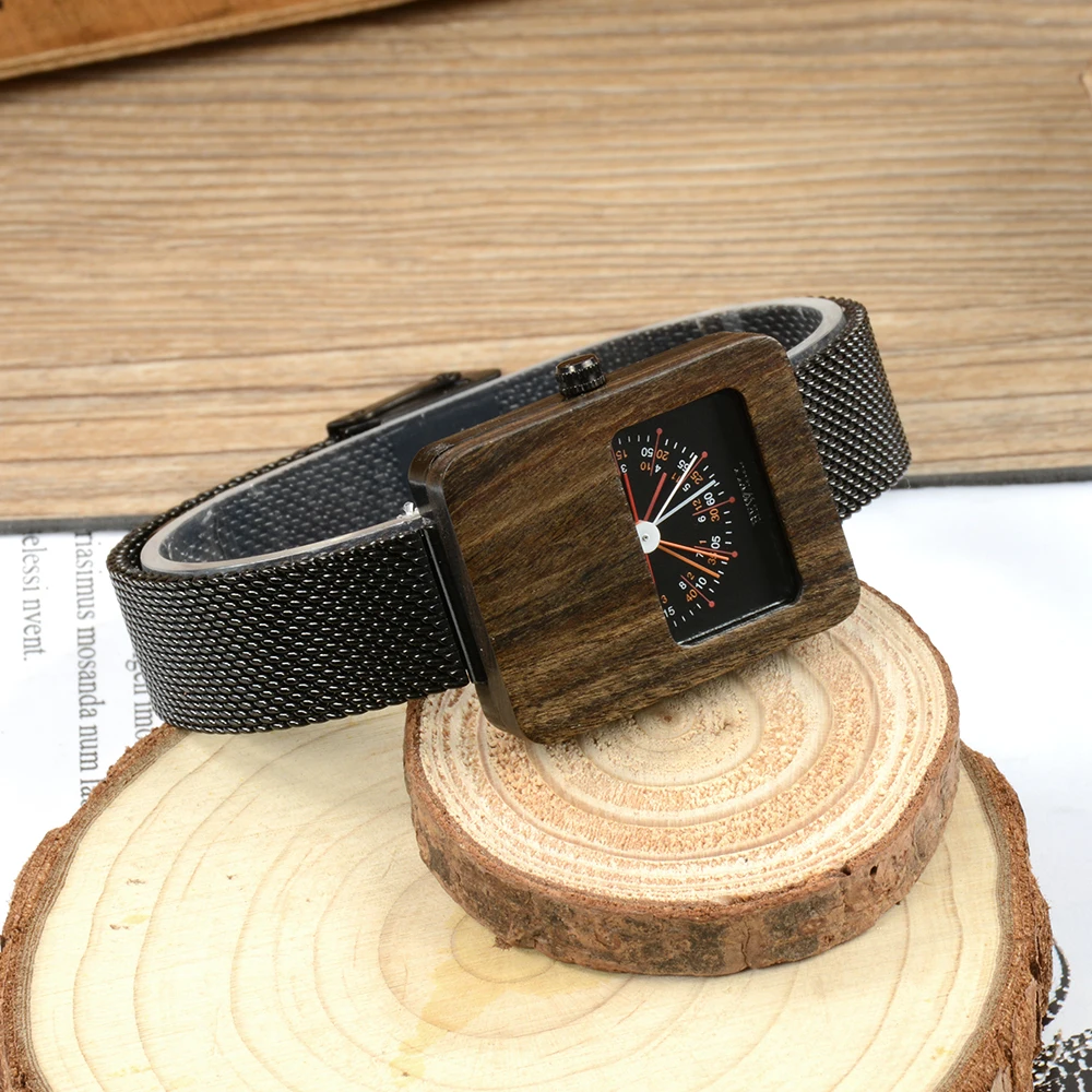 Square Watch for Ladies with Quartz Stainless Steel Wood Numberless Dial High Sealing Waterproof Classic