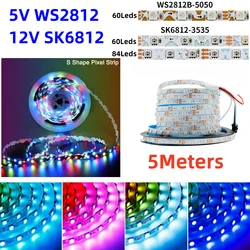 5Meter DC5V WS2812B DC12V Sk6812 taśma Led 3535 RGB SMD adresowalny Pixel Led Strip 6MM S kształt elastyczny pasek Led 60 diod/m