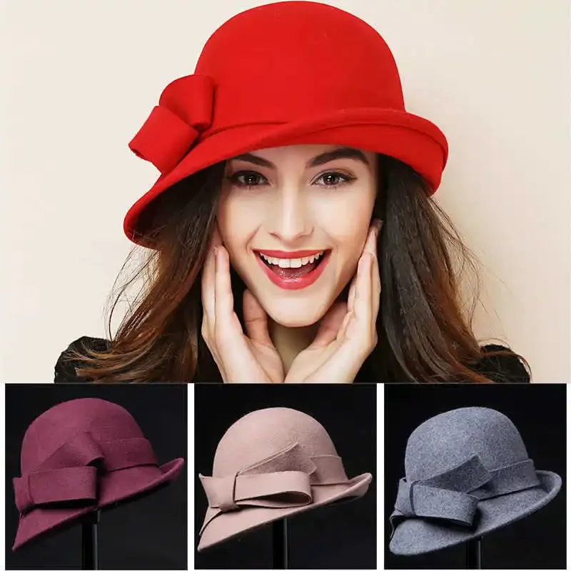 Gorro de invierno para mujer estilo Gatsby de los años 20, gorro Fedora de lana cálido con flores, gorros de iglesia para mujer, gorro de fieltro para mujer