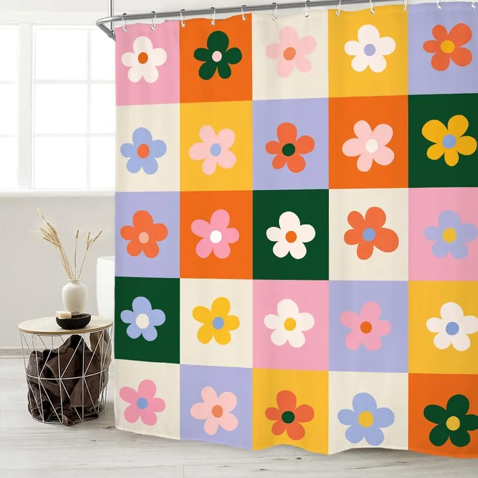 

Retro Flower Checkered Shower Curtain Set Colorful Groovy Aesthetic Funky Trendy Modern Pastel Bathroom