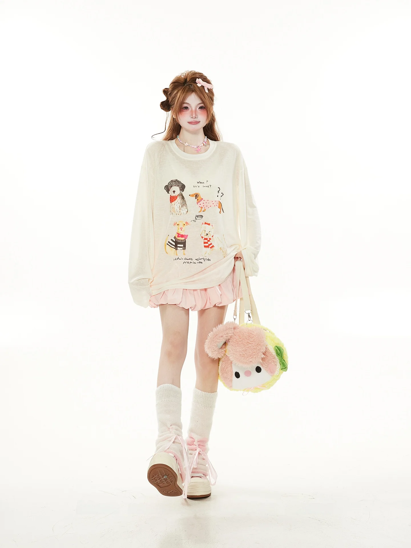 Spring Autumn Cool Feeling Thin Lenzing Long Sleeve Women's T-shirt Unique Design Cute Cartoon Dog Print Top Sweet Style