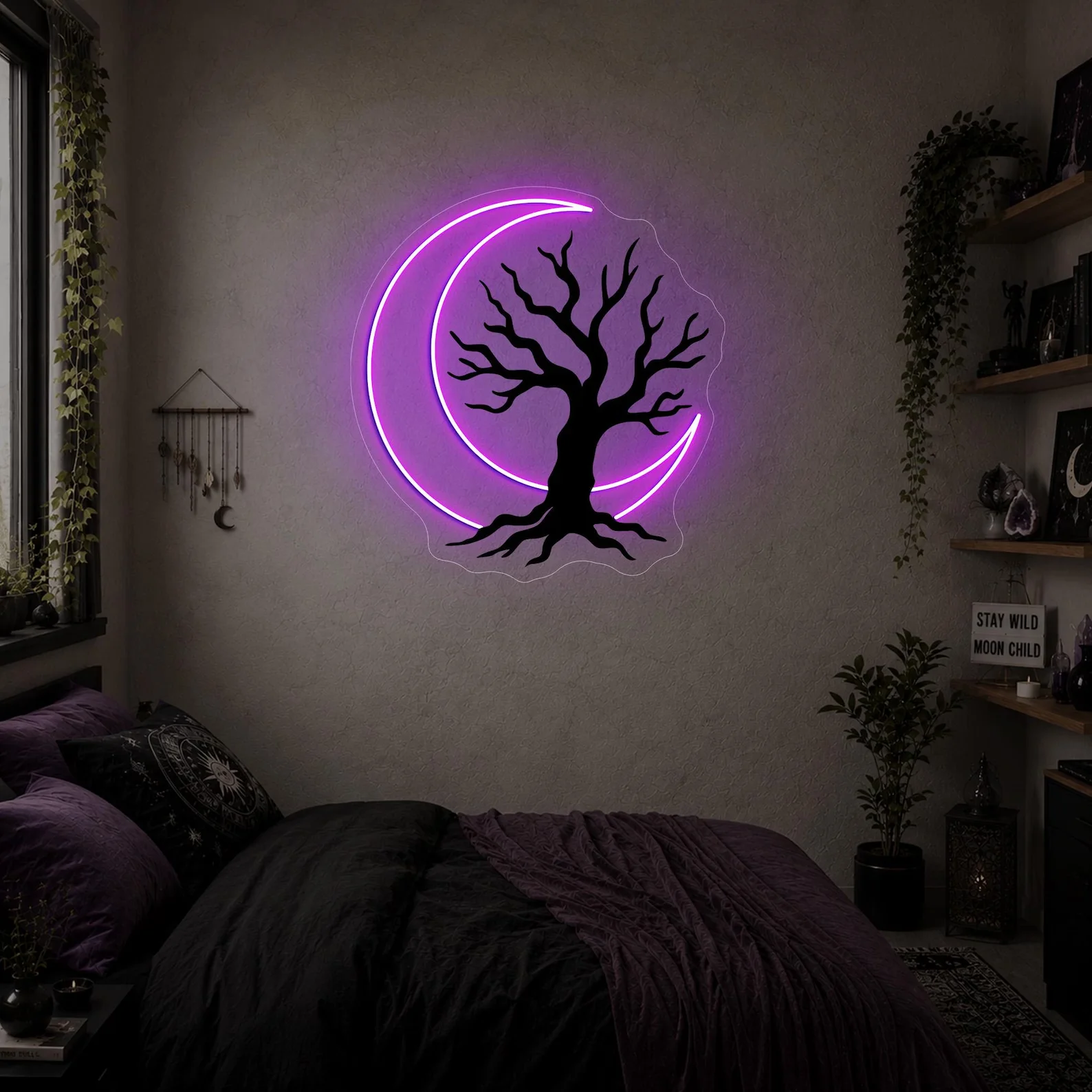 Gothic Moon LED Neon Sign,Crescent Moon Neon,Uv Print Neon Sign,Dark Aesthetic Wall Art,Celestial Neon Sign,Witchy Room Decor