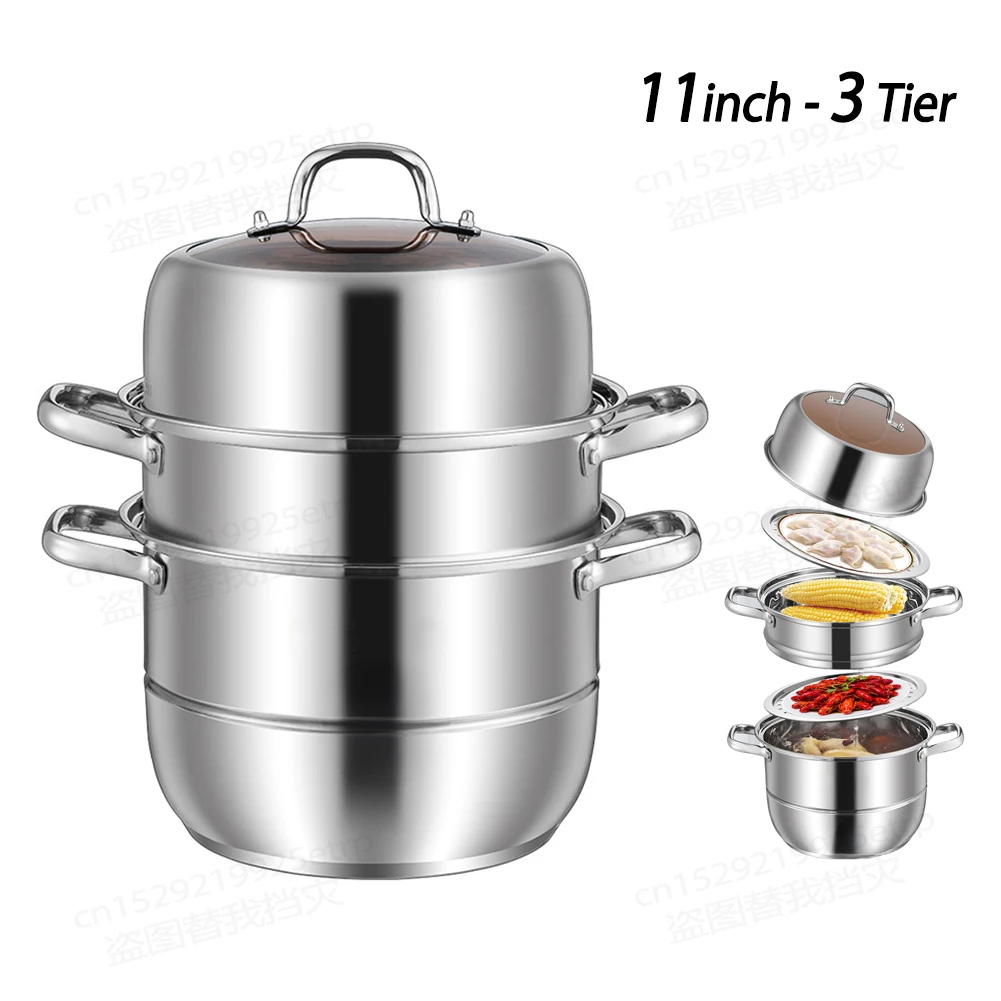 

Large Steamer Pot 3 Tier Stainless Steel for Cooking 11inch Multipurpose Steaming Pot Cookware For Vegetable,Dumpling,Sauce