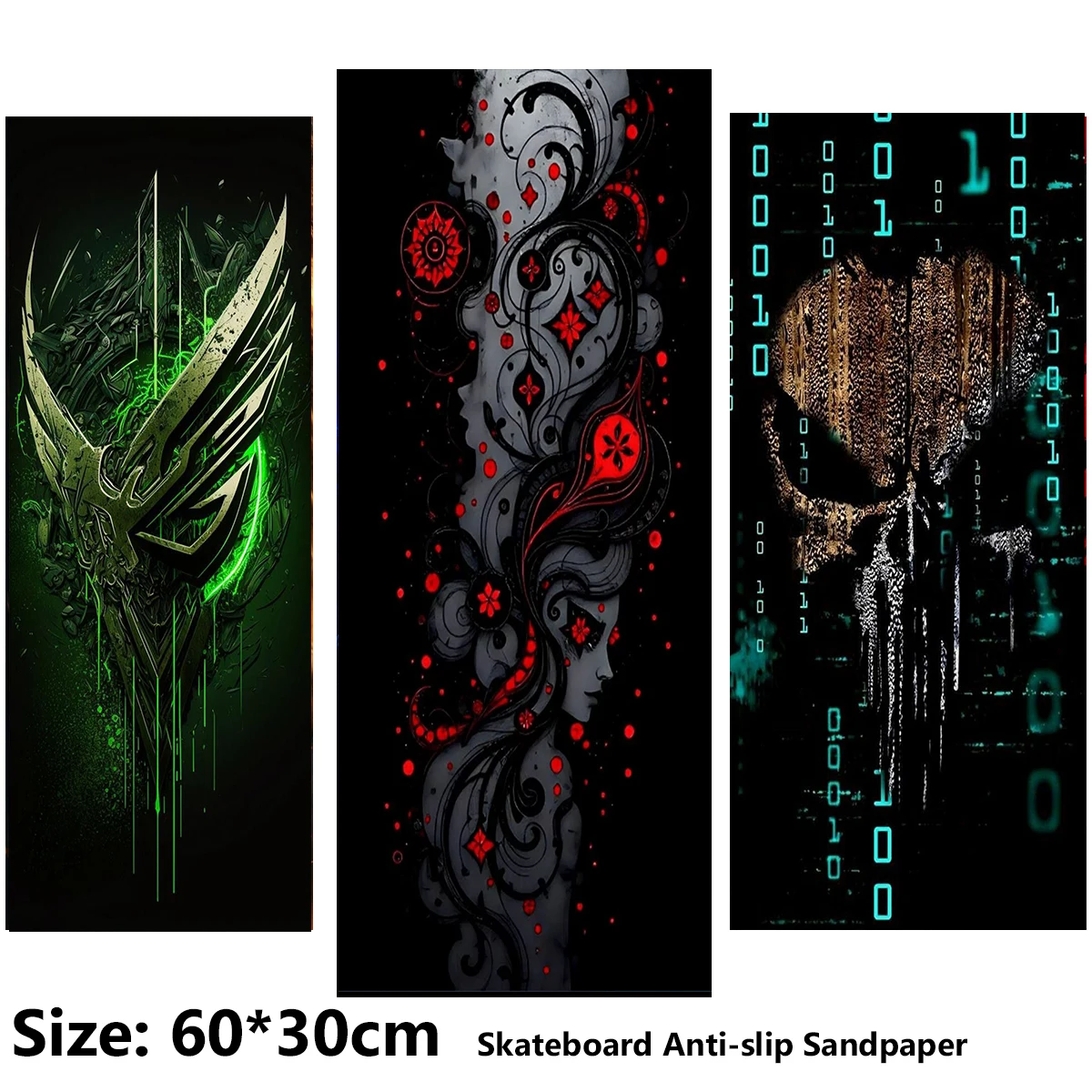 電動スクーター滑り止めステッカーサンドペーパースケートボードグリップテープシート60-30cmクリエイティブメカスケルトンヘッドパターン