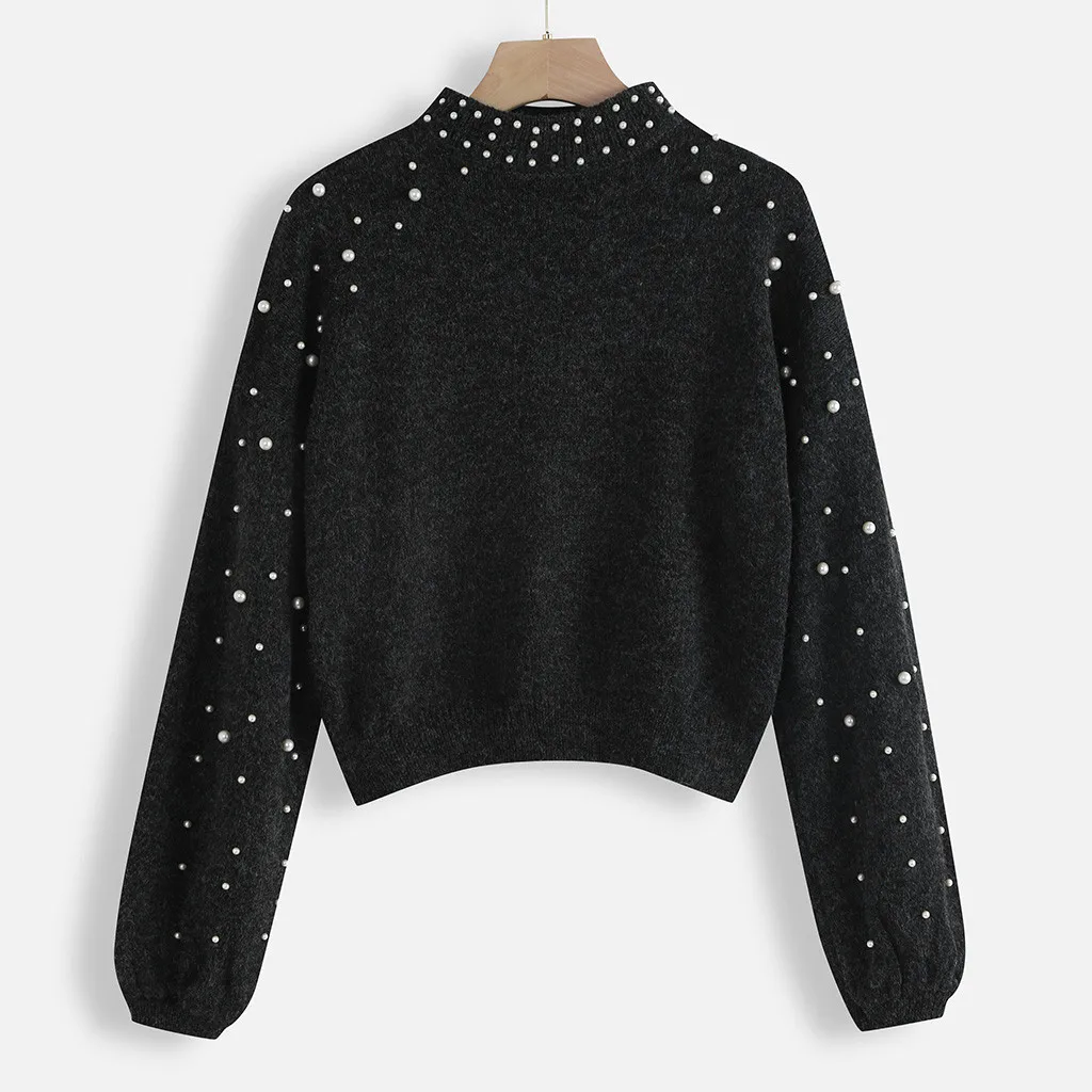 2024 Women Sweater Autumn Winter Solid Round Neck Long Sleeve Pearl Knitted Sweater Pullover Knitted Women Tops