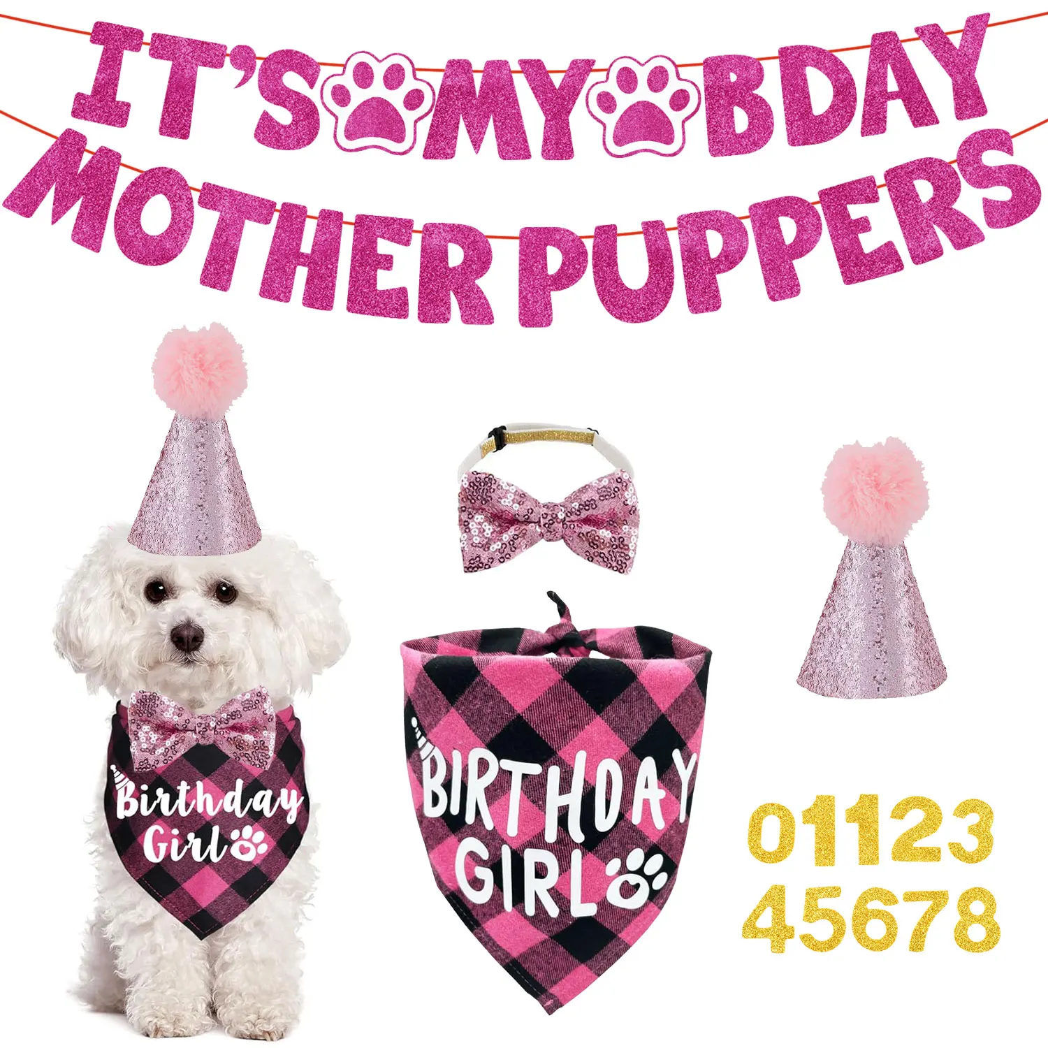 Geburtstagsparty-Set für Hunde – Bandana, Hut, Fliege und Geburtstagsbanner für kleine Hunde, Welpendekoration mit It's My Bday Signs Junge/Mädchen – Detail 9