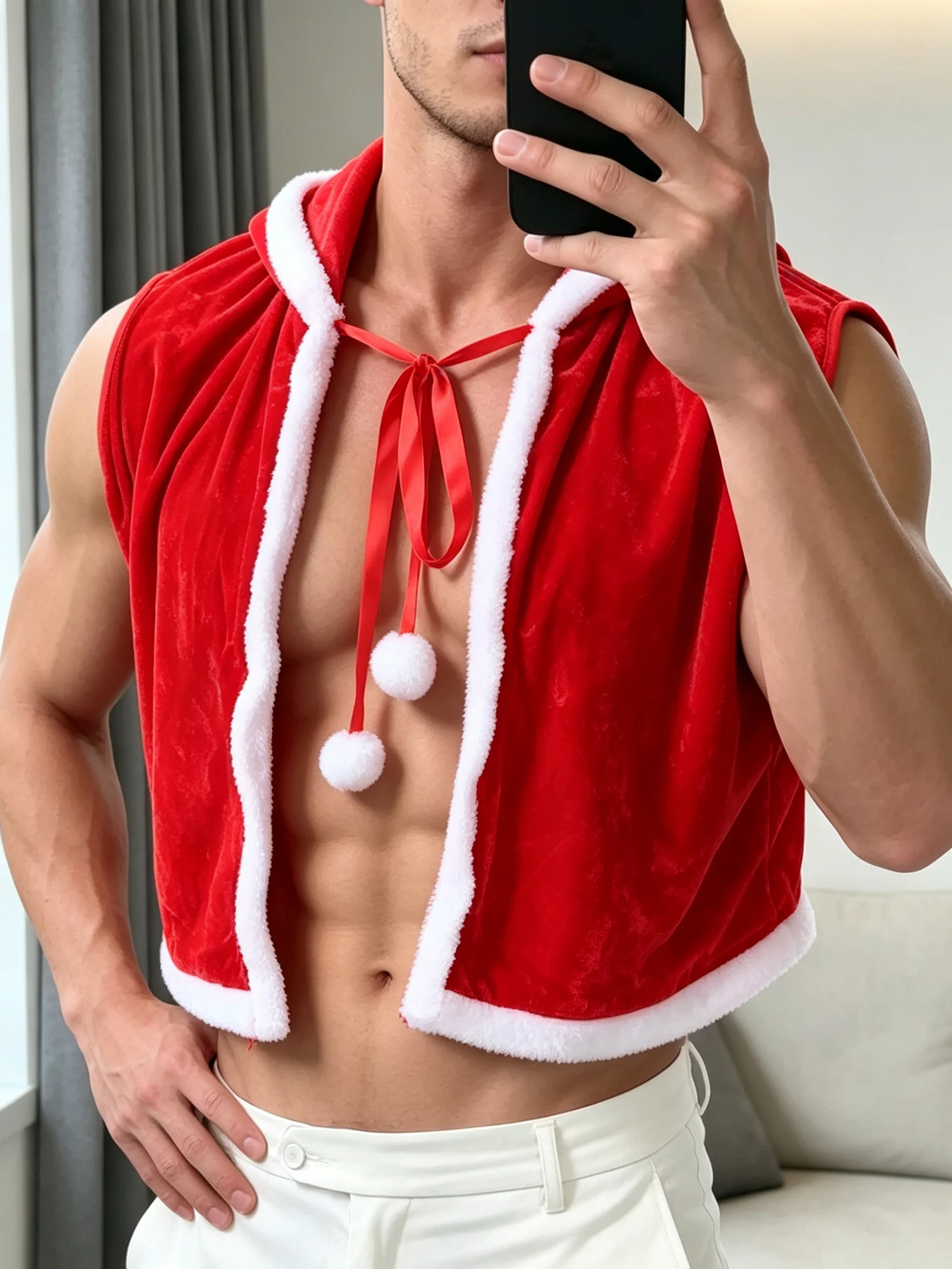 Sexy Weihnachtsoutfit, 2-teiliges Set, kurzer Kapuzenmantel, Weihnachtsmann-Mantel, Mütze, Herren-Cosplay, Samt, Weihnachtsfeier, Rollenspiel-Kostüm – Detail 7