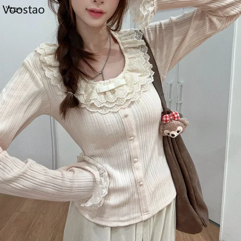 Autumn Sweet Lolita Long Sleeve T-Shirt Women Elegant Kawaii Lace Ruffles O-Neck Bow Slim Tees Female Casual Korean Y2k Tops