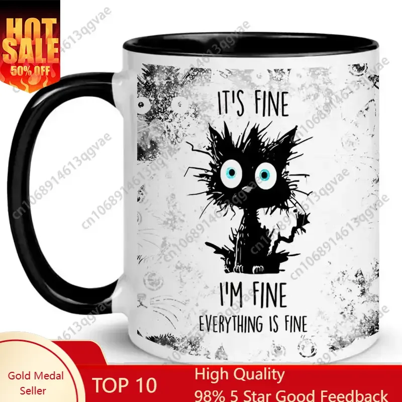

Cartoon Cat & Slogan Pattern Ceramic Mug 11oz Funny Coffee Mug Drinking Cup for Home Office Use