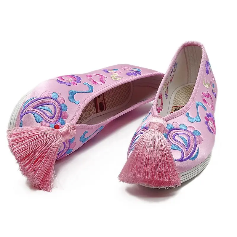 Chaussures brodées pour filles, chaussures de mariage de littérature, chaussures à diaphragmes d'opéra chinois traditionnel, chaussures roses, chaussures Hanfu, flattie