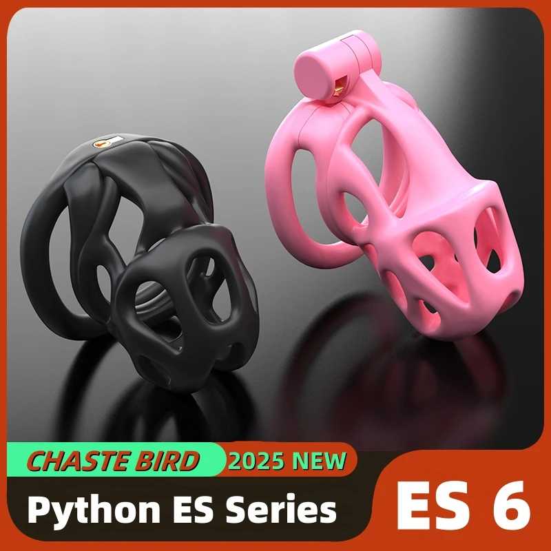 2025 NEW ES6 Male Chastity Device Breathable Cock Cage Mini Lock with 4 Penis Rings Bondage Fetish Adult Sex Toys for Men A567