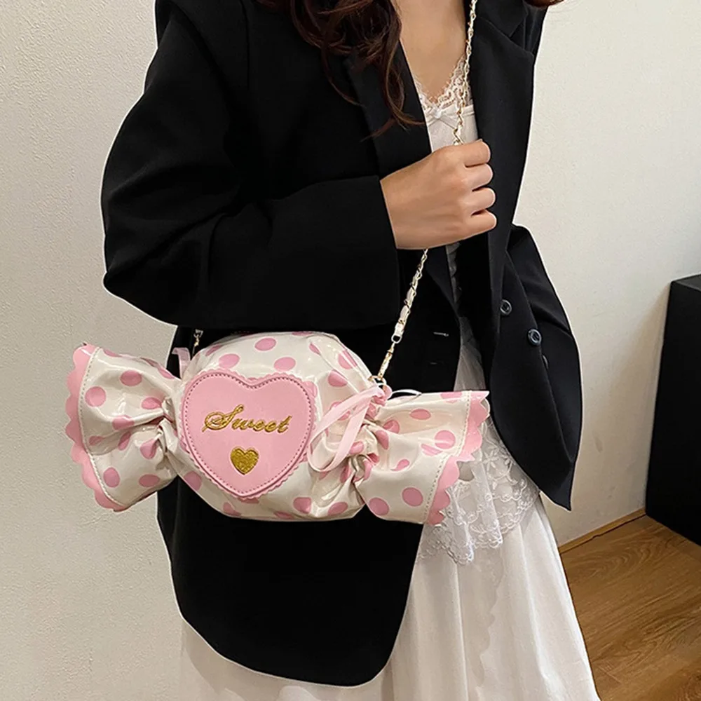 

Cute Dot Candy Design Shoulder Bag Love Heart Sweet Pu Leather Shoulder Bag Storage Pouch Lolita Sugar Shaped Chain Bag