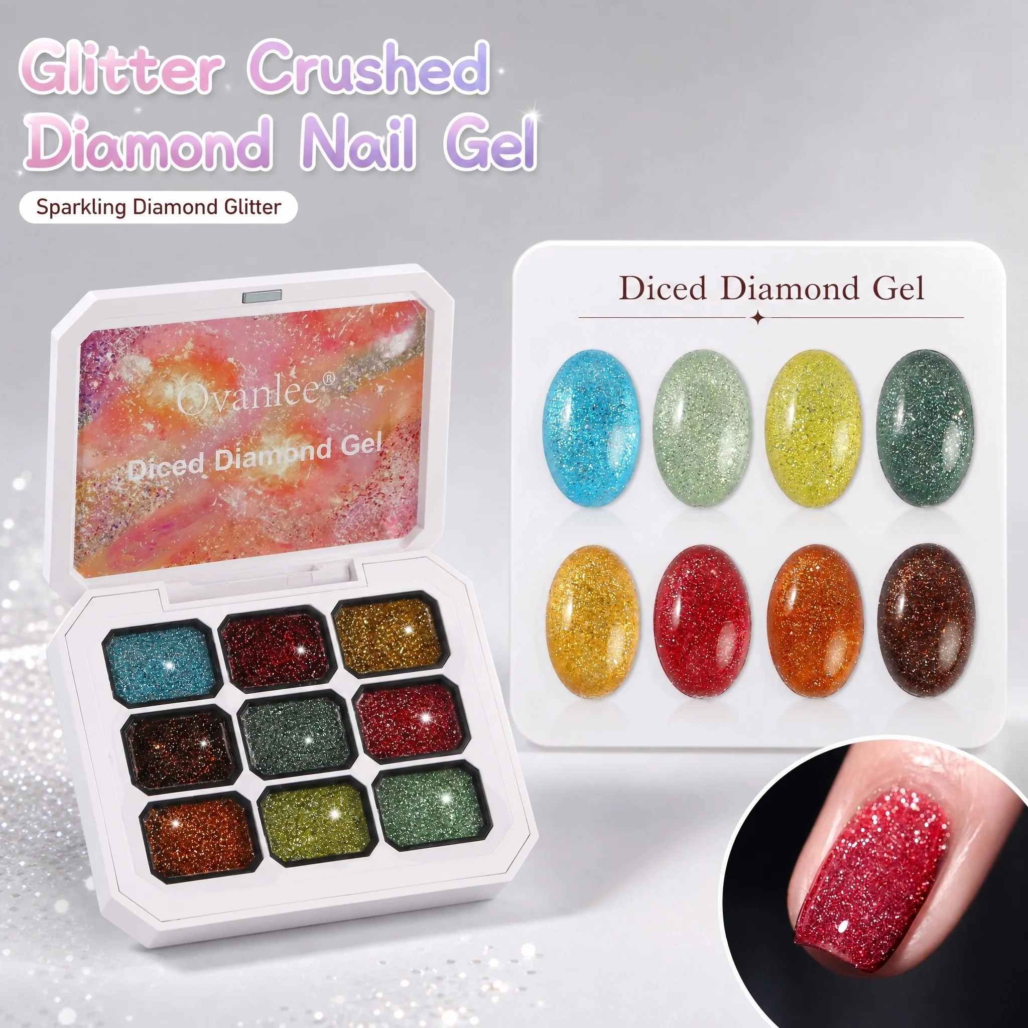 Ovanlee 9-Color Diced Diamond Nail Gel Kit – 4-in-1 High-Glitter UV Polish, Holographic Sparkle with Translucent Base for Glitter Overlays & 3D Painting, Soak-Off LED Gel with Pink Galaxy Box