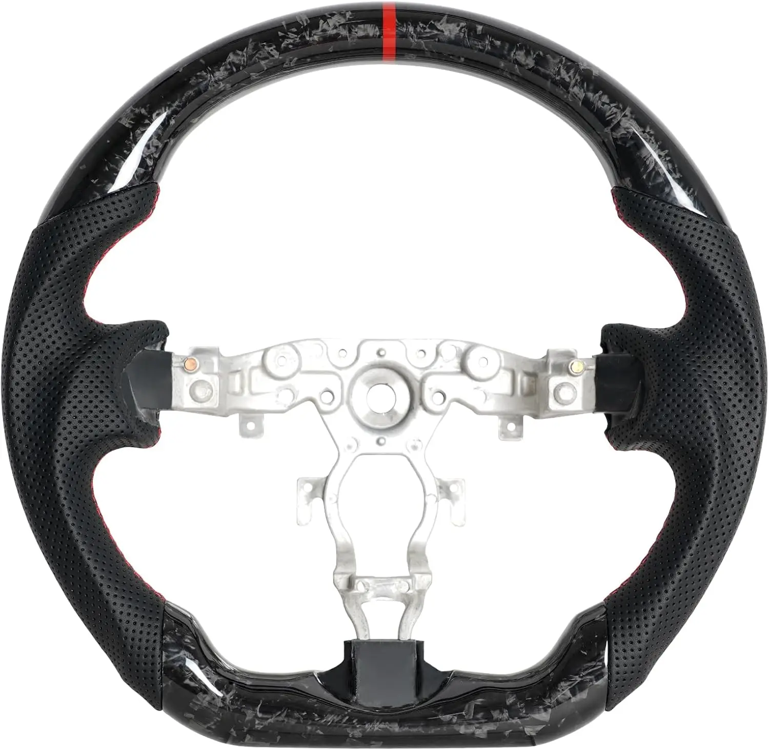 

Руль из углеродного волокна для Nissan 370z 2008-2020, глянцевый кованый узор с перфорированным кожаным рулевым колесом в красную полоску