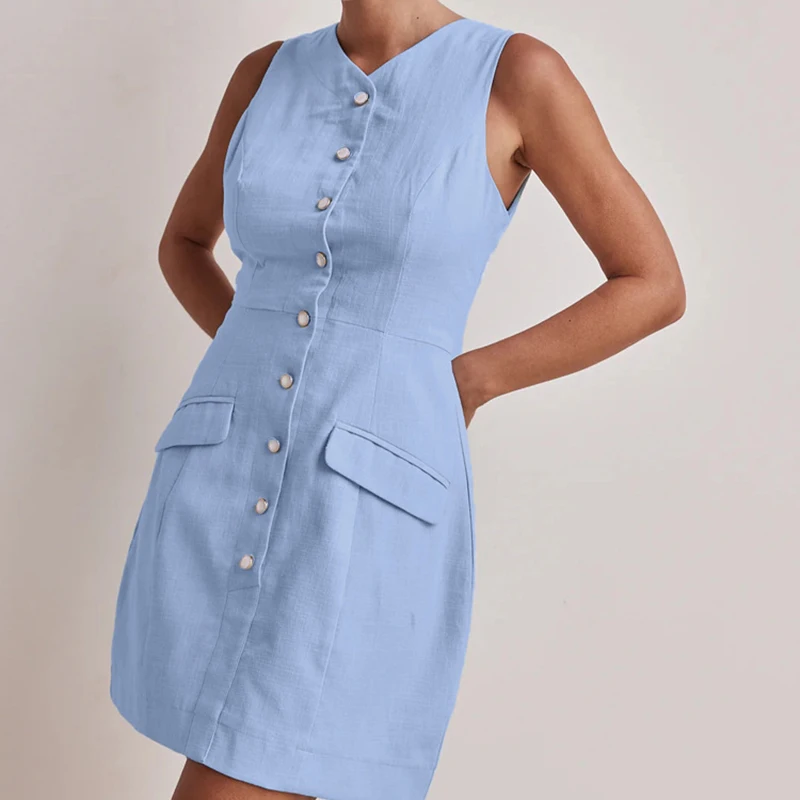 Nuovi abiti da canotta in cotone blu Primavera Donna Abito corto senza maniche monopetto estivo Mini abito casual dritto a vita alta