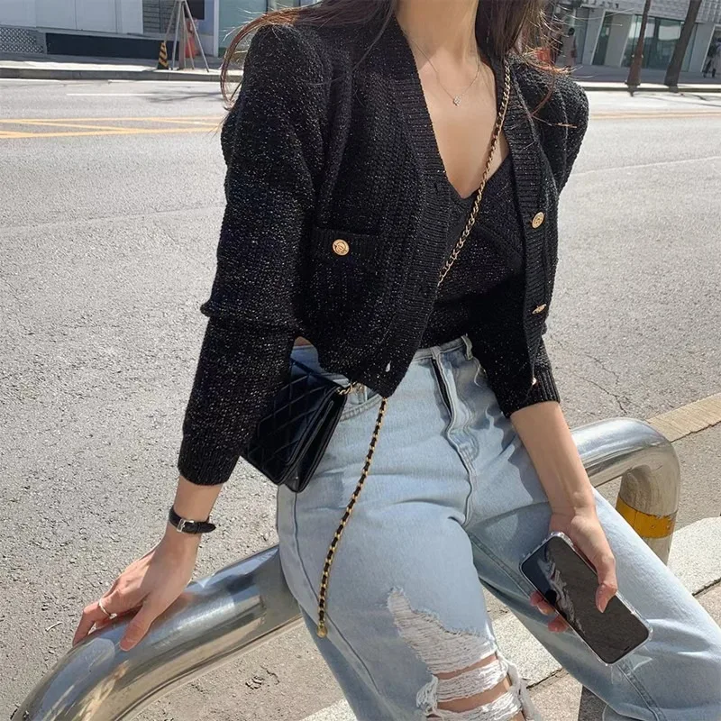 2024 Fall Sexy Camisole Top +  Cropped V Neck Black Cardigan Twist Knitted Coat Korean Chic Two Piece Sets Retro Winter Clothes