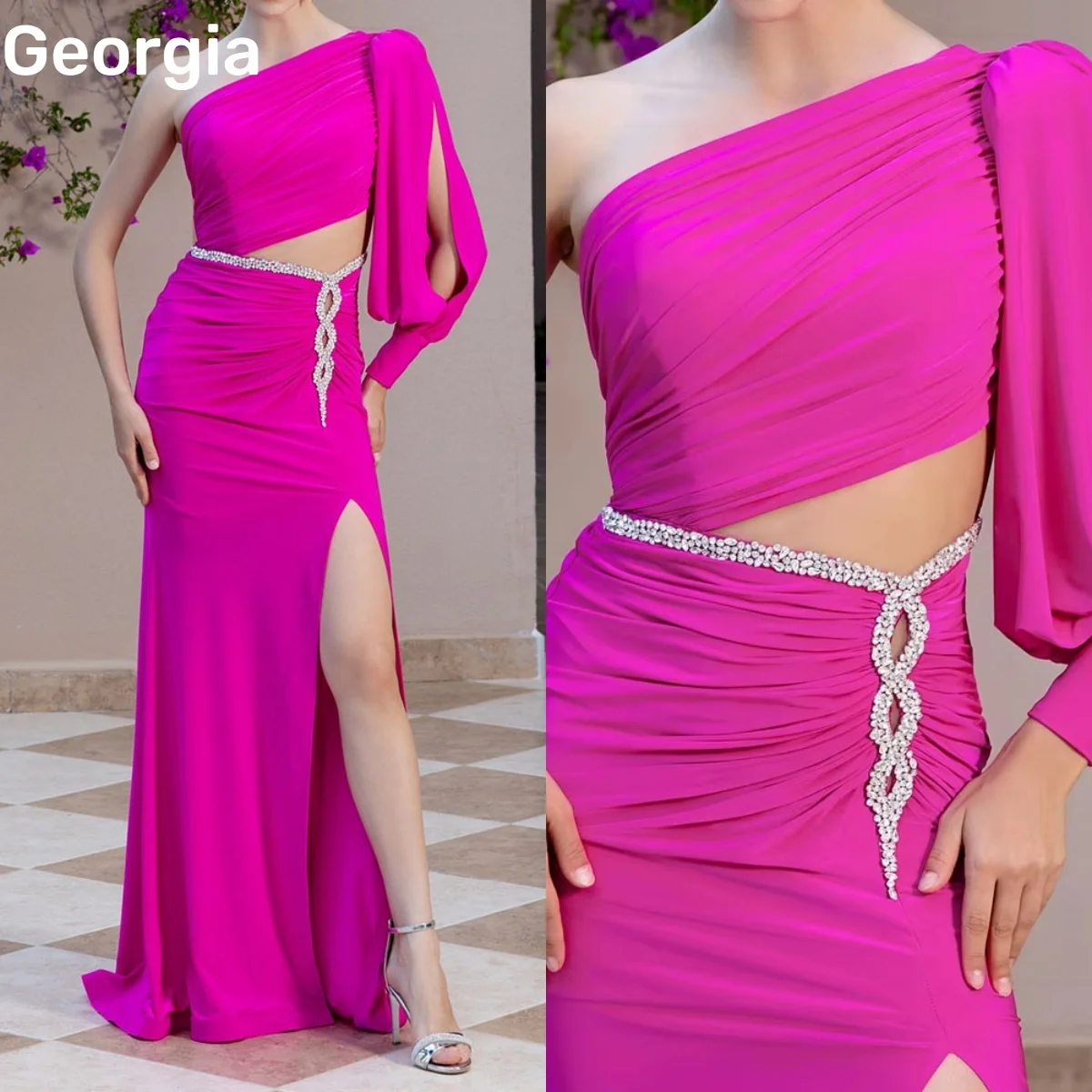 

Women'S Evening Dresses Customize A-Line Split One-Shoulder Formal Occasion Dresses Floor-Length Zipper Up Ruffle Long Sleeves