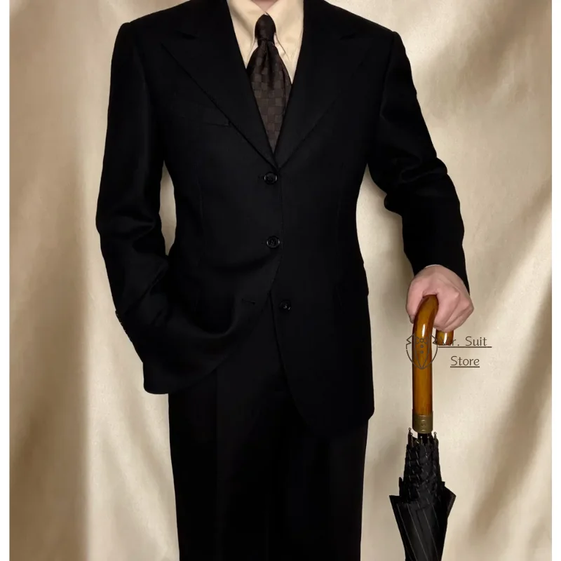 

Black Men's 2-piece Suit Single Breasted Herringbone Autumn Winter Retro Style Wedding party Business Leisure Blazer Pants Gift
