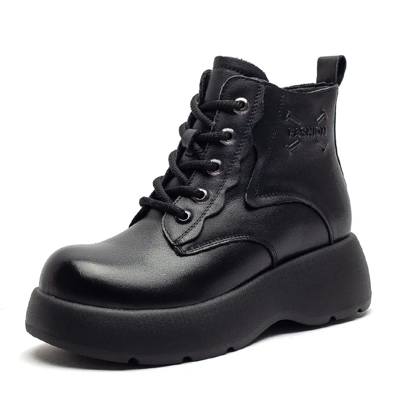 DRKANOL اليدوية الرجعية حقيقية جلد البقر منصة الثلوج أحذية النساء الارتفاع زيادة أسافين كعب الشتاء الدافئة القطن الأحذية سيدة