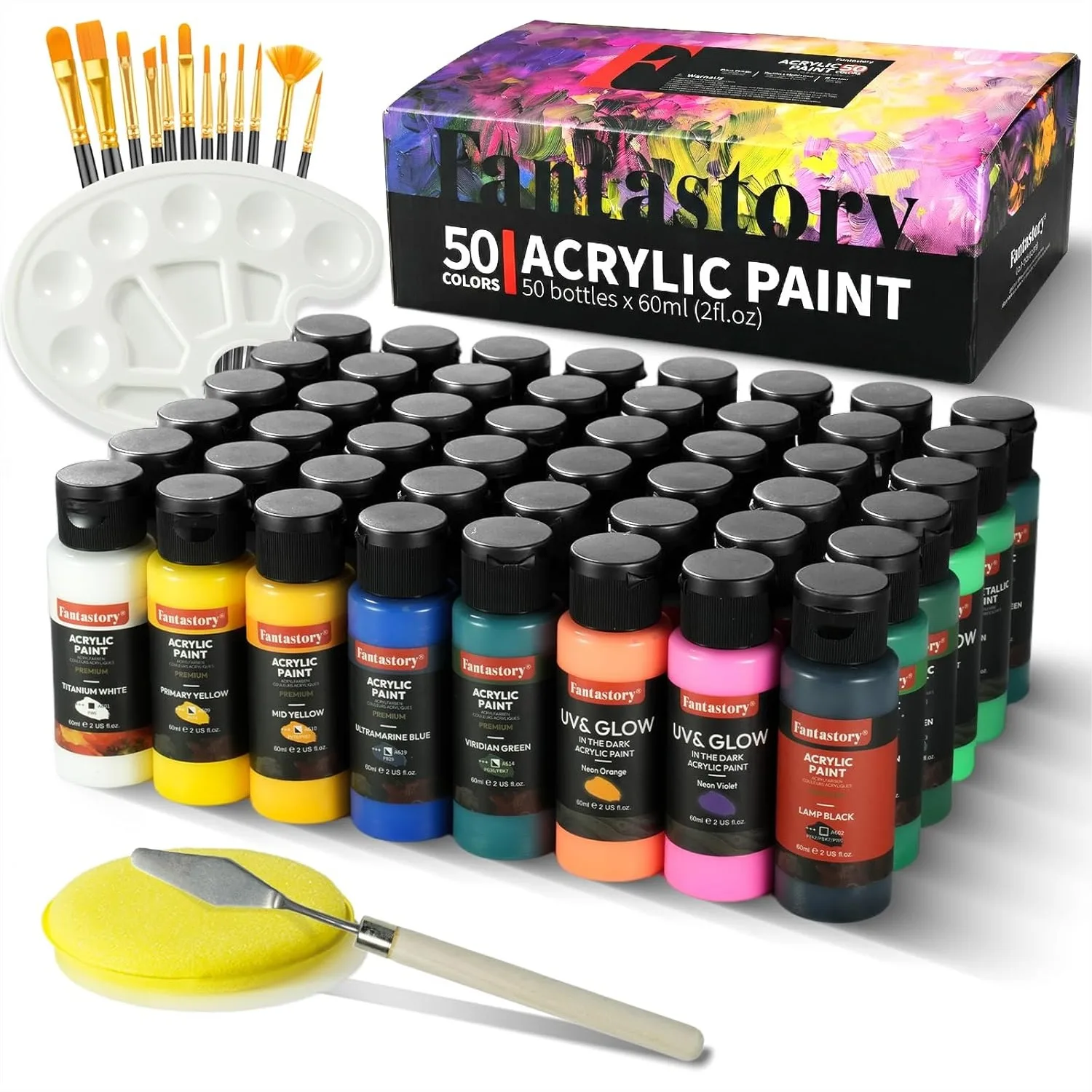 

Acrylic Paint Set 50 Colors (2oz/60ml) with 15-Piece Brush Kit, Non-Toxic & Waterproof for Canvas, Wood, Rock, Clay – Glow in