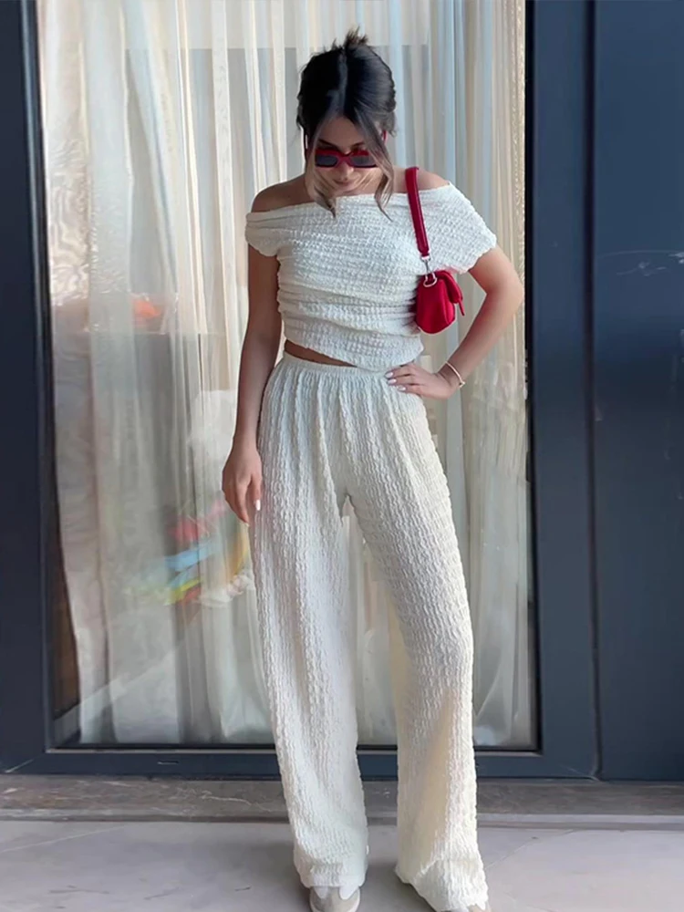 

Elegant Solid Irregular Women Trousers Sets Skew-collar Short Sleeve Tops High Waist Loose Pants 2024 Summer New Female Suits