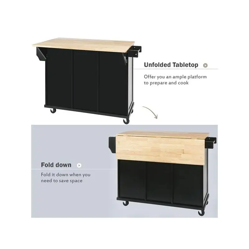 عربة مطبخ بأوراق شجر مع سطح من الخشب المطاطي، ورفوف تخزين داخلية، و5 عجلات، وخزانة تخزين و3 أدراج لغرفة الطعام، #1