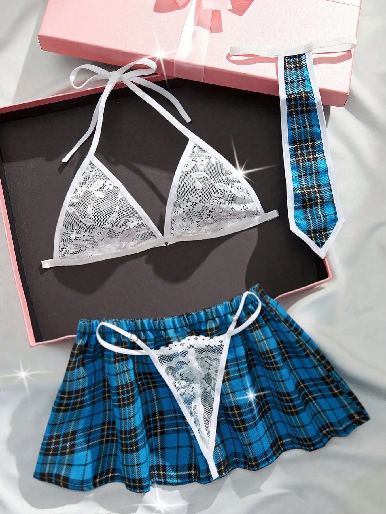 Sexy Schoolgirl Style Plaid Uniform Set Includes Floral Lace BraletteThong Skirt And Tie-Women Lingerie And Panties