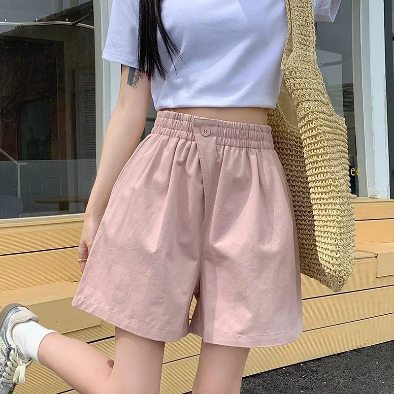 2025 레이디 클래식 원 버튼 짧은 바지 소녀 편안한 하이 웨이스트 워시 코튼 반바지 여성 한국 캐주얼 휴가 바지