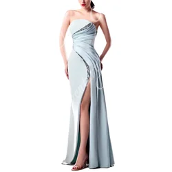 Beading Strapless Evening Dresses Sexy Slit Satin Prom Dress Pleated Customized Formal Occasion Wedding Party Gowns Robe Soiree