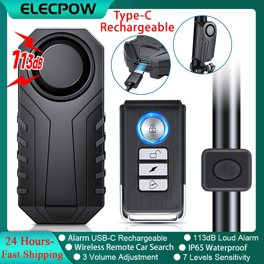 Elecpow Type-C Rechargeable Bicycle Alarm IP65 Waterproof 113dB Bike Alarm System Remote Control Search Wireless Horn Reminder