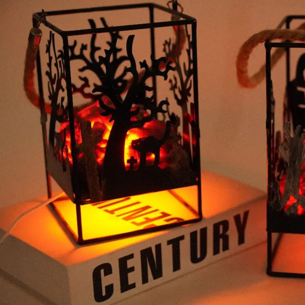 Table Ornaments Burning Flame Metal Cage Small Fireplace Halloween Decor Halloween Scene Props LED Light Charcoal Flame Lamp