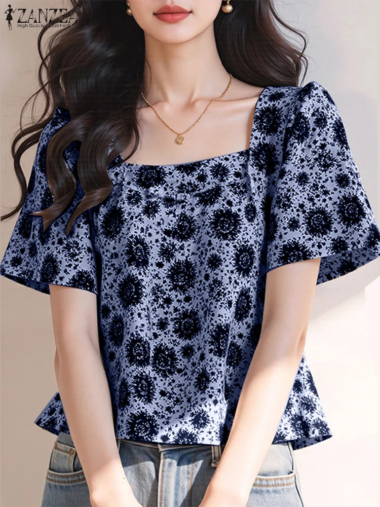 

ZANZEA Women Summer Shirt Fashion Tops 2025 Short Sleeve Square Collar Casual Blouse Print Tops Vintage Blusas Puff Sleeve Tunic