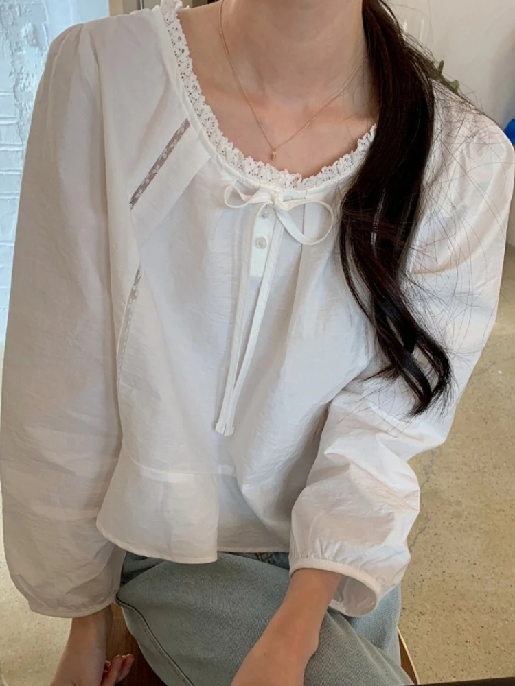 

Шикарный весенний сладкий нежный модный кружевной воротник с галстуком-бабочкой Bubble Sve ort irt Топ в Корейском стиле из полиэстера прямого кроя