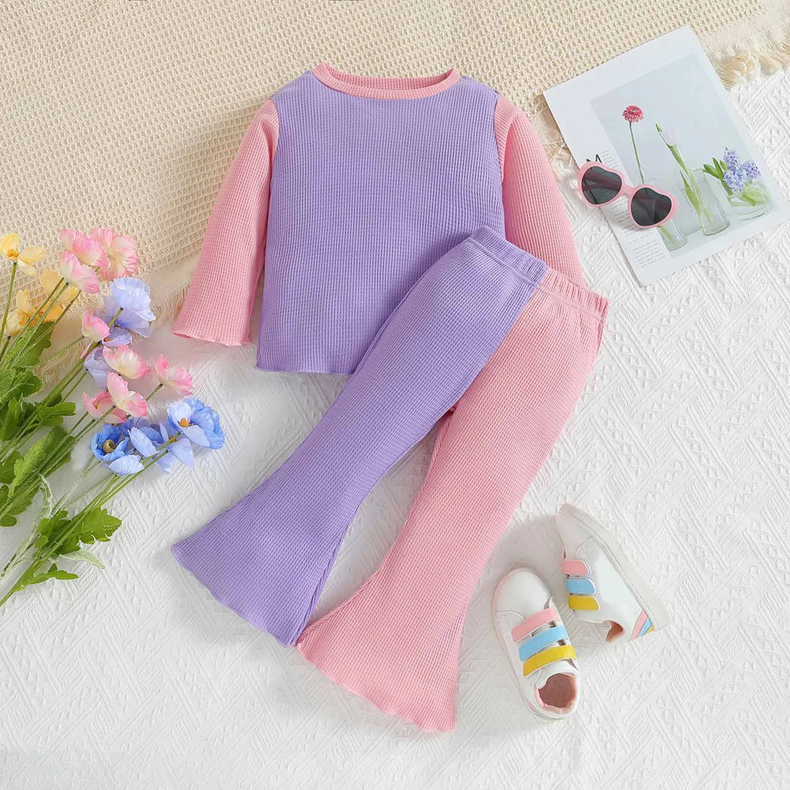 Kids Toddler Baby Girls Clothes Sets Patchwork Cotton Ribbed Long Sleeve Tops Bell Bottom Two Pieces Outfits Clothes For 1-5T