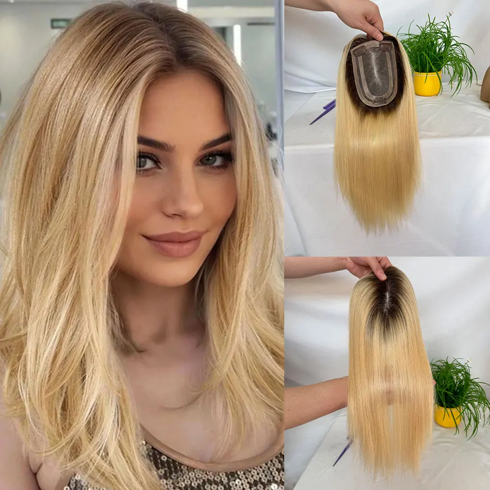14 Inch Ombre Human Hair Toppers for Women with Thinning Hair 4x6inch Mono Lace Front with Clip Hair Piece 4T613 Natural Look