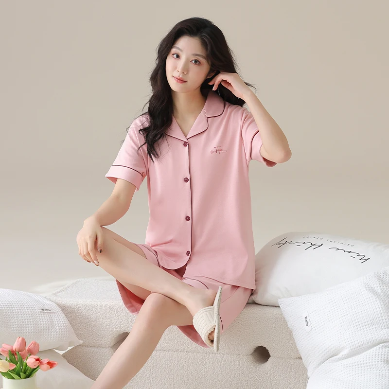 

Summer 100%Cotton Women Pajamas Set Female Sleepwear Short Sleeve Turn-down Collar Homewear M-XXL
