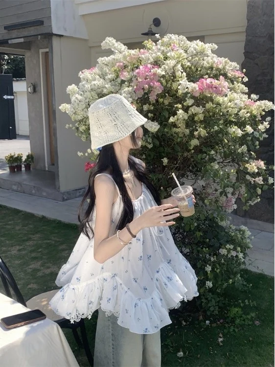 Sweet Girl Sle Lace Trim Hem Strap Vest Women Summer Loose Slim Floral Top Cotton Polyester Casual Comfortable Svel