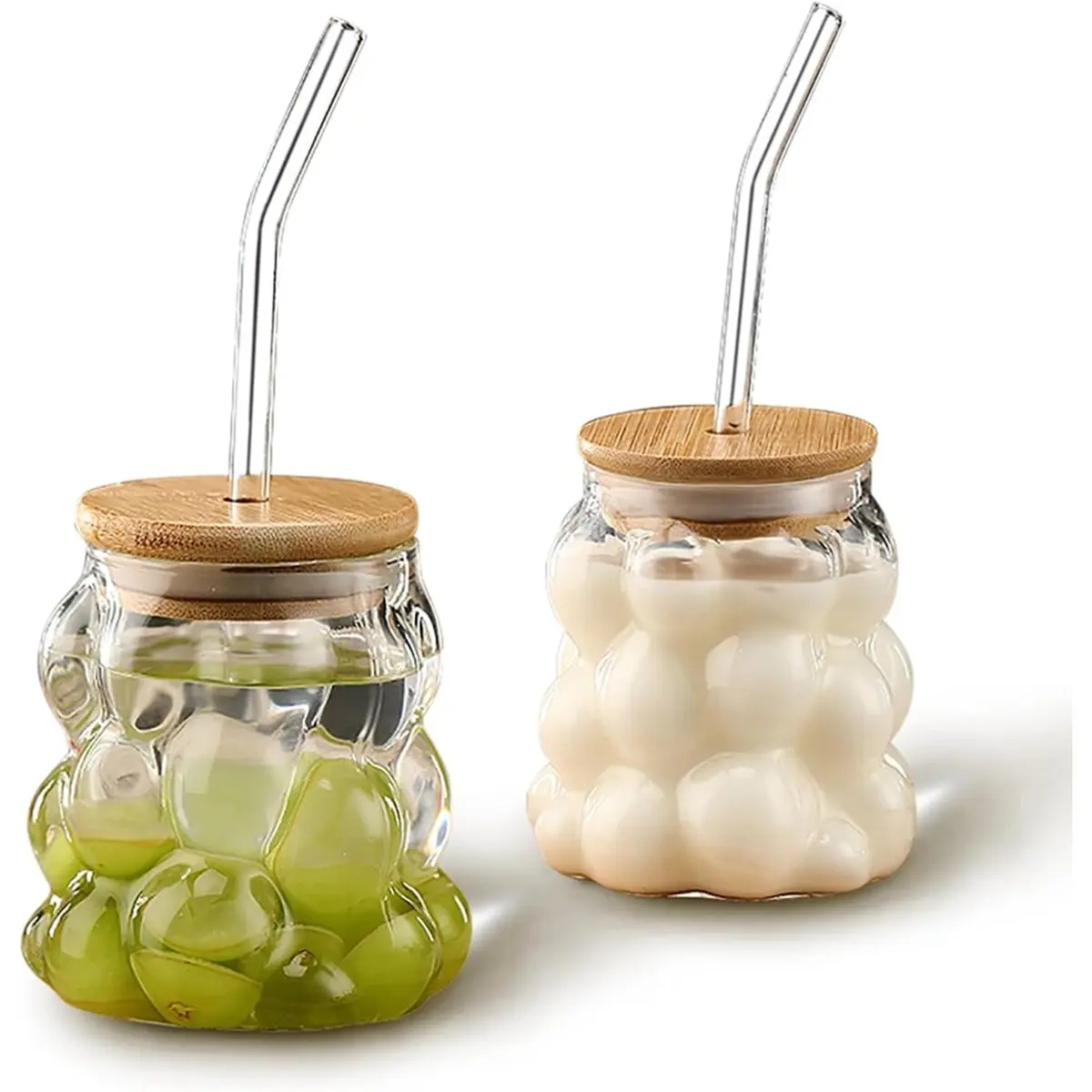 HHTL 2 Pcs Grape Shape Glass Cups with Bamboo Lids and Straws, 12 Oz Drinking Glasses Set, Coffee Cups for Water, Tea, Juice