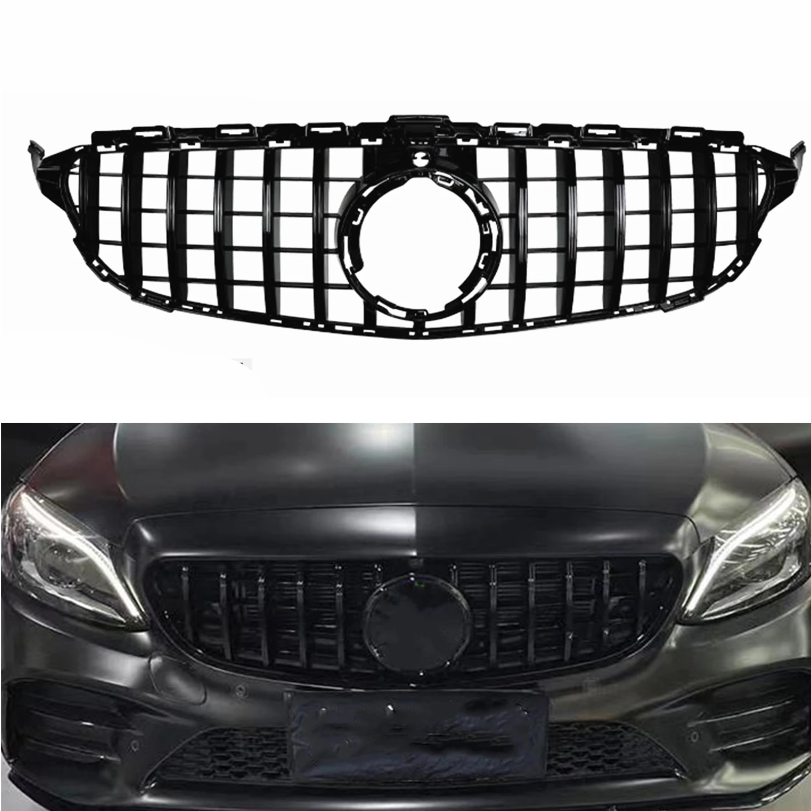 

For Mercedes-Benz C Class W205 C200 C200 C250 C260 C300 2019-2021 Front Grille Grill GT Black/Silver Upper Bumper Hood Mesh Grid