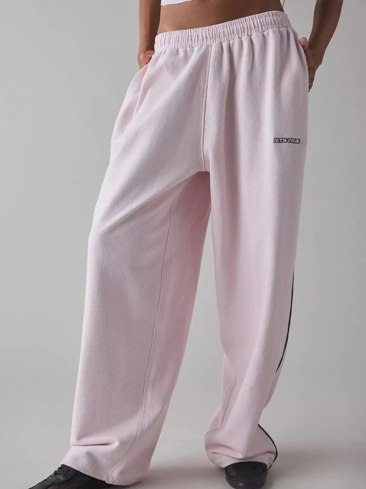 HOUZHOU Women Sports Pants Pink Y2k Baggy Letter Embroidery Gray Sweatpant Casual Wide Leg Trouser Basic Straight Striped Jogger