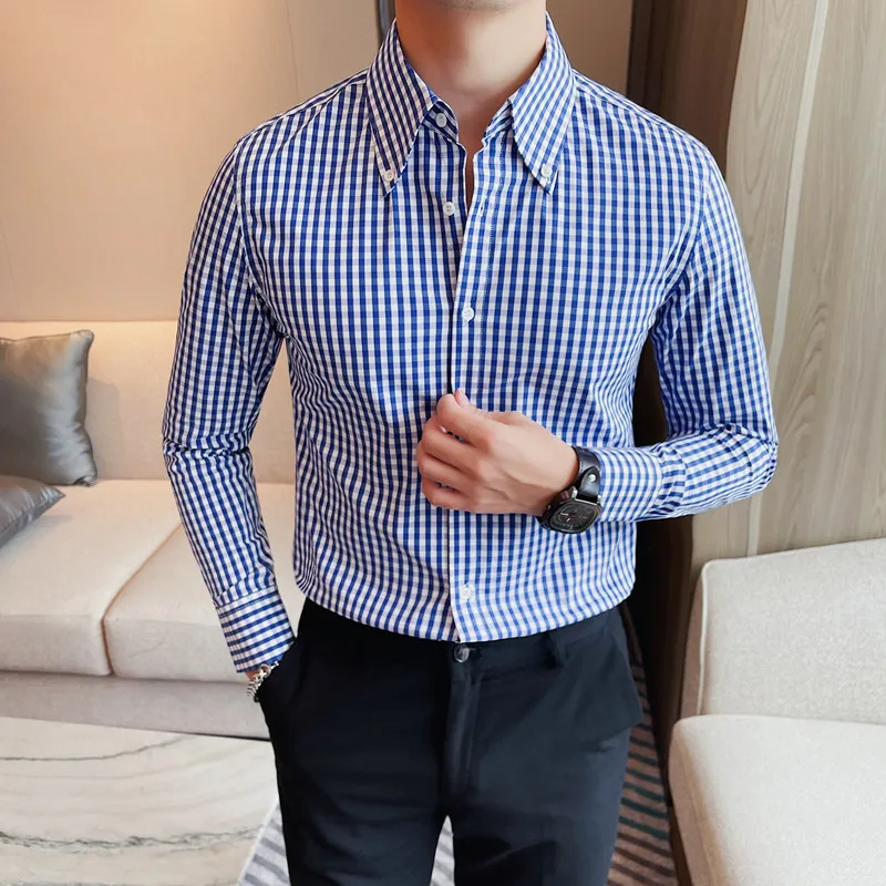 Brand Clothing Men Spring High Quality Business Dress Shirts/Male Slim Fit Fashion Plaid Lapel Long Sleeve Shirts 4XL-M