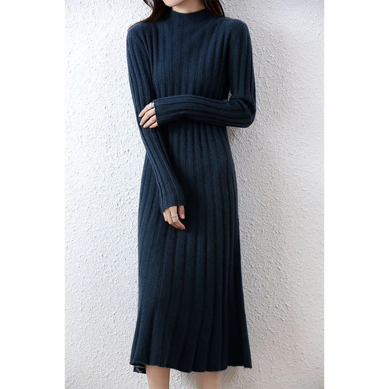 Women's Merino Wool Sweater Dress, Round Neck, Monochromatic, Striped Skirt, Official, Autumn and Winter, New, 100%